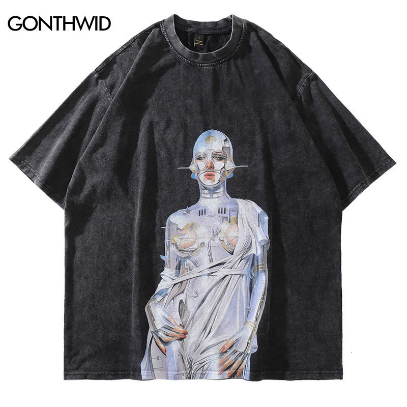 

Mens TShirts Distressed Oversized TShirt Streetwear Hip Hop Vintage Robot Graphic Print Tshirt Men Harajuku Casual Short Sleeve Tee Shirts 230316, Black