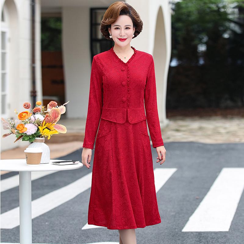 

Casual Dresses Mom Fake Two Pieces Dress Women Agaric Hem Lady Elegant Long Sleeve Party Spring A-Line, Black