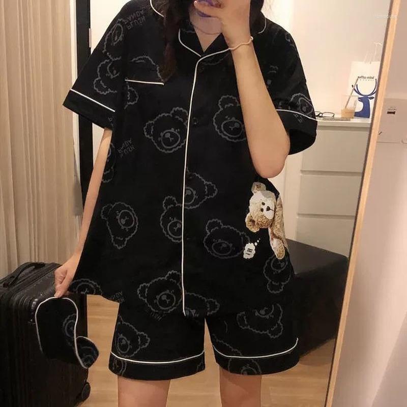 

Women's Sleepwear Women's Pajamas Two Piece Set Summer Homewear Nightwear Bear Print Lapel Pijamas Home Clothes Comfortable Korean Style, Black