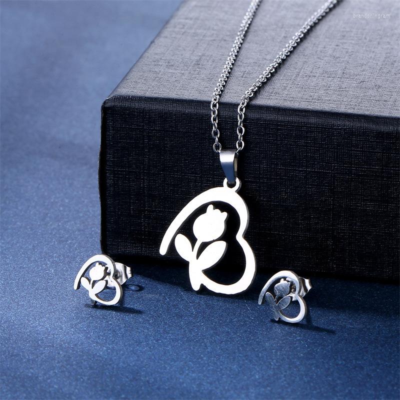 

Necklace Earrings Set 45cm Silver Color Stainless Steel Heart Earring For Women Couple Rose Pendant Party Wedding Jewelry, Picture shown