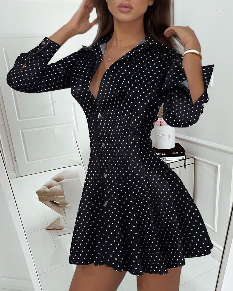 

Casual Dresses Polka Dot Print Pleated Skater Dress Women Elegant Turn Down Collar Long Sleeve Mini Shirt, Picture shown