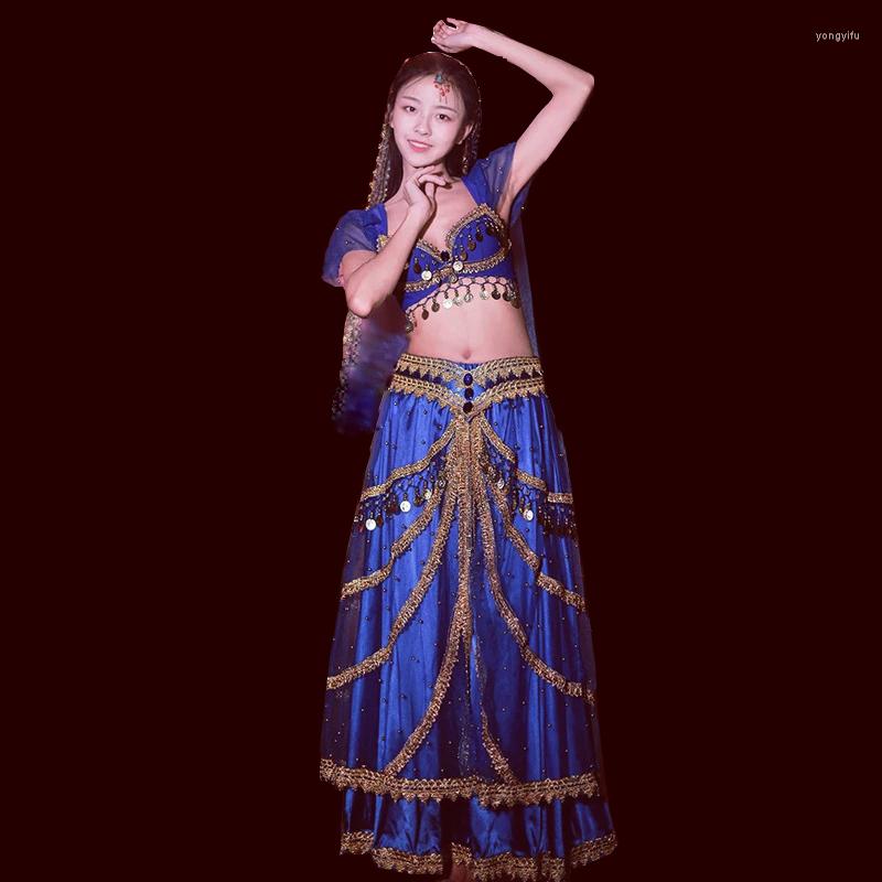 

Stage Wear Halloween Christmas Cosplay Costumes Sari Girls Belly Dancing Clothes Women Bollywood 4 Pieces Set Top Belt Skirt Veil, Blue