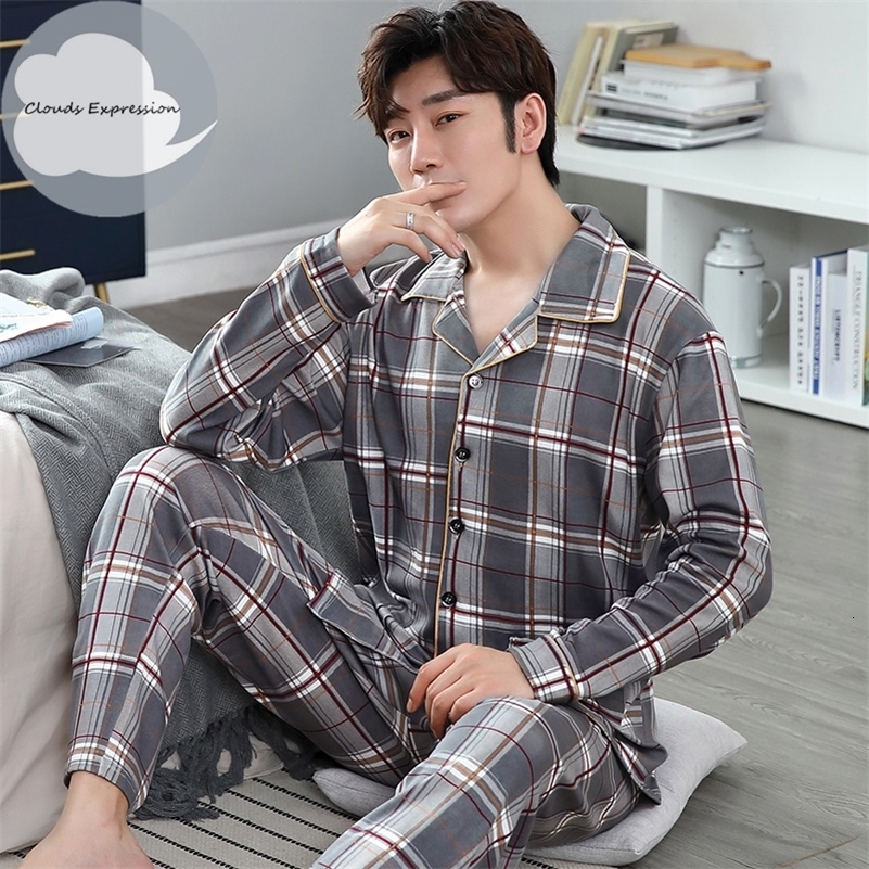 

Men's Sleepwear Spring Autumn Knitted Cotton Long Pajama Sets Plaid Sleepwear PJ Pyjamas Men's Sleep Lounge Home Fashion 230317, Yellow