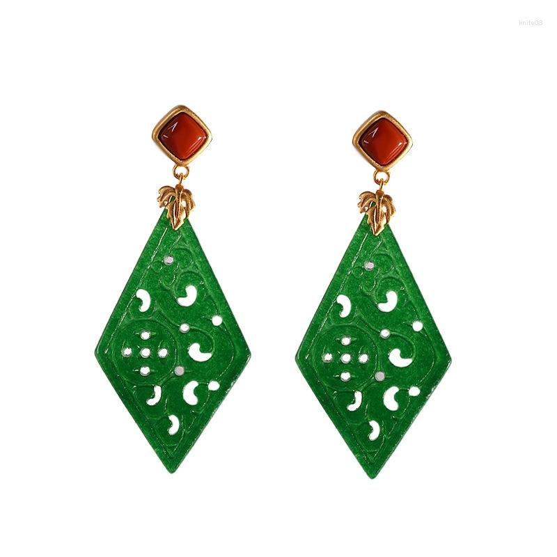 

Dangle Earrings Real Pure S925 Sterling Silver Green Jadeite Hollow Pattern Rhombus