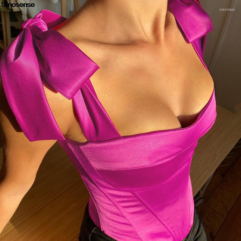 

Women' Tanks Sexy Off Shoulder Crop Top Women Summer Satin Backless Lace Up Bow Tie Corset Solid Y2K Streetwear Club Party Clothes, Satin crop tops 02