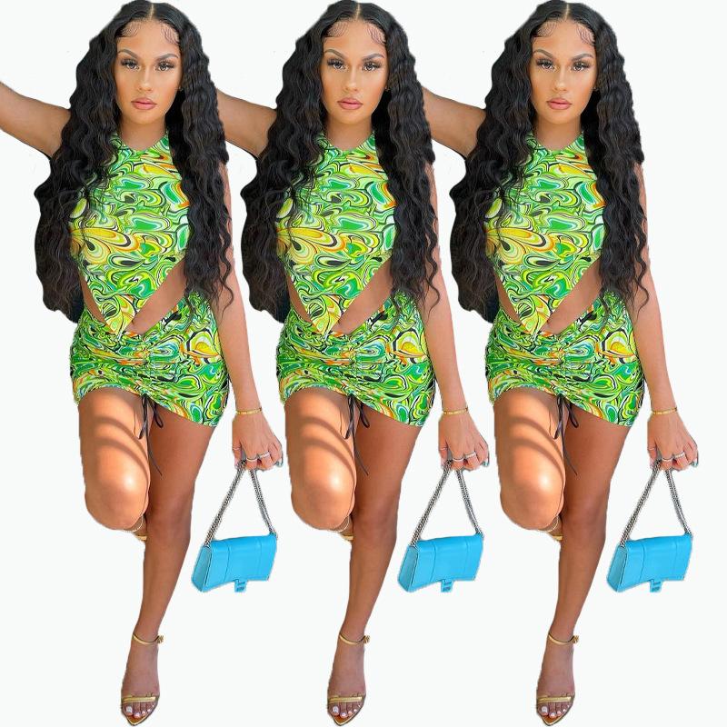 

Women's Tracksuits Women Halter Bandage Two Piece Outfits Sleeveless Backless Crop Tops Stacked Skirt Matching Set Sexy Solid Skinny Clubwea, Green
