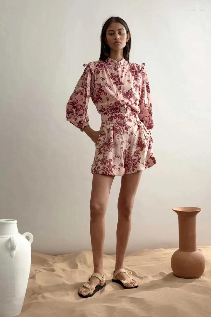

Women' Shorts Women Flower Printed Cotton Set Fashion Casual Long Sleeve Shirt