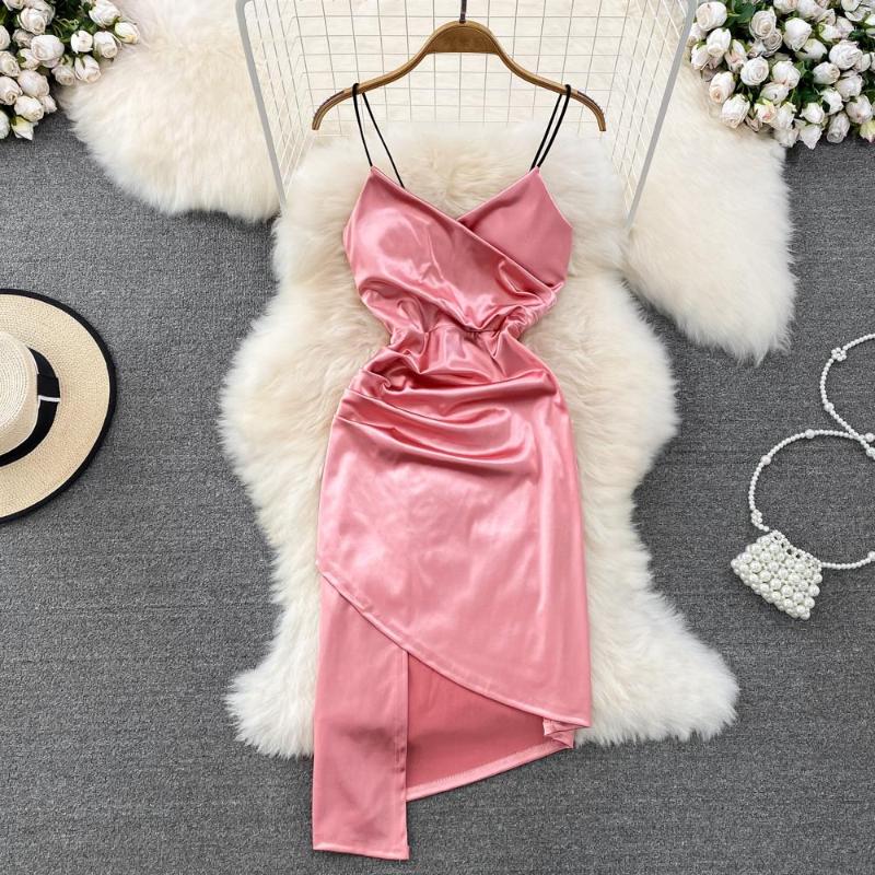 

Casual Dresses Fashion Sexy Elastic Satin Silk Slip Irregular Party Dress Women Backless Sleeveless V-neck Split Bodycon Sling Evening, Black
