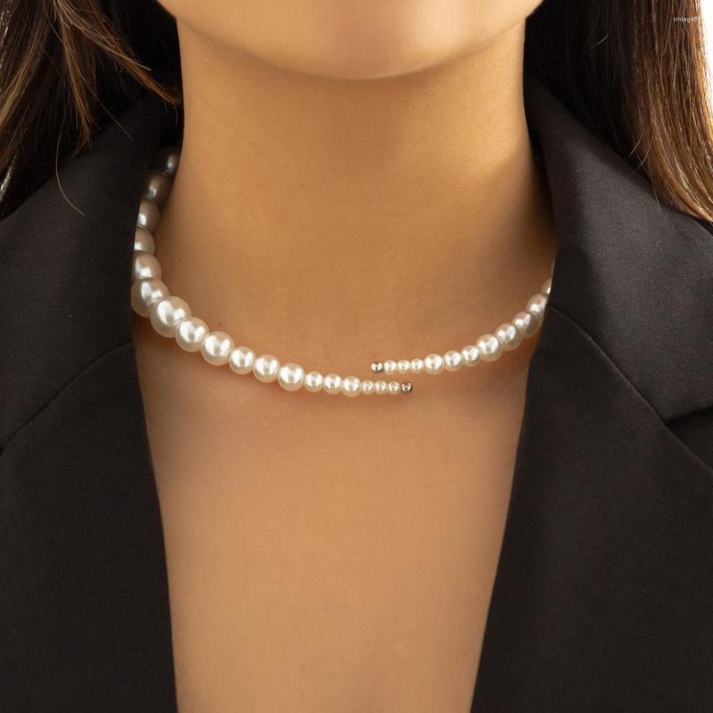 

Choker IngeSight.Z Elegant Imitation Pearl Beaded Opening Collar Necklace For Women Punk Silver Color CCB Bead Short Clavicle Chain