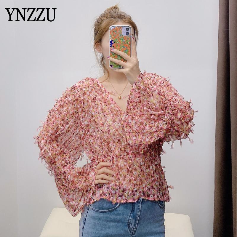 

Women's Blouses & Shirts Sexy Sheer Women Tassel Blouse Shirt 2023 Autumn Long Flare Sleeve V-neck Ladies Tops Elastic Waist Female Print To