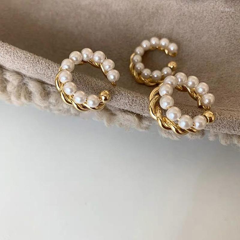 

Backs Earrings Korean Gold Color Double Circle Twist Pearl Ear Cuff Vintage Geometric Earcuff Fake Piercing Pearls Clip On Earings