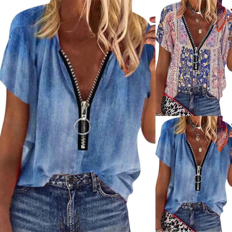 

Women' Blouses & Shirts Zipper Pullovers Tops Women Blouse V Neck Short Sleeve Casual Loose Tee Streetwear Office Lady ShirtsWomen, Beige