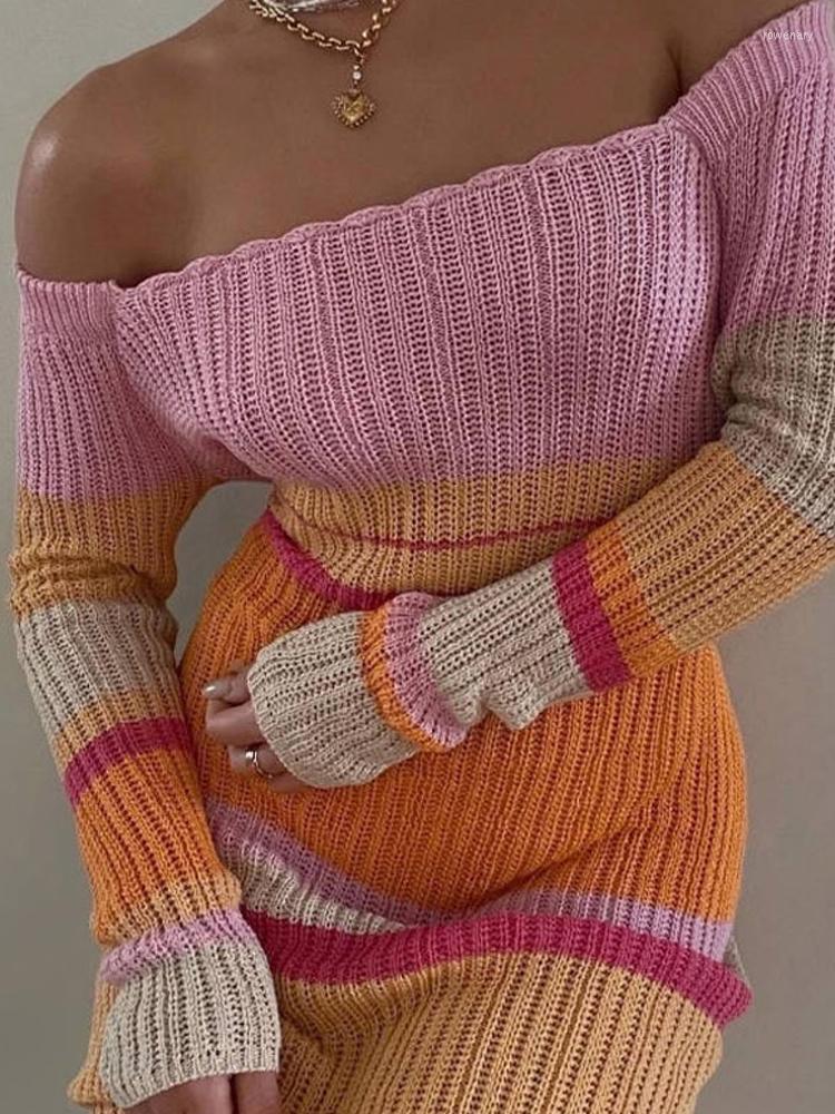 

Casual Dresses Tossy Women Off Shoulder Slim Knit Dress 2023 Summer Colored Striped Long Sleeve Lady Elegant Maxi Robe Sexy Beachwear, Pink