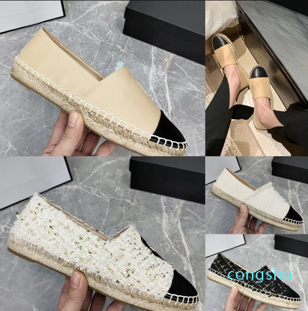 

Classical Women Spring Lambskin Espadrilles Ladies Casual Shoes top Fisherman Sneaker Canvas VS Real Leather Tweed Slip-On Platform Footwear Beige Black Size 35-4