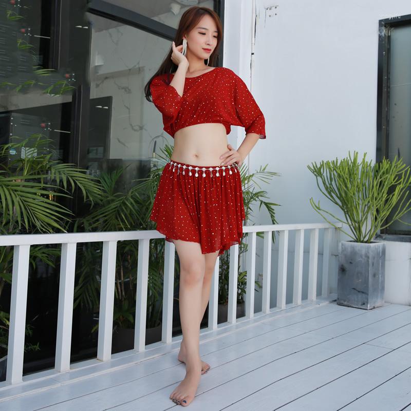 

Stage Wear 2023 Women Belly Dance Clothes Sequins Suit 2 Pieces Costume Set Class Plus Size Top & Short Skirt, Black