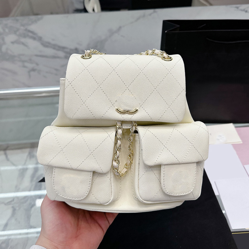 

French Womens Vintage Mini White Backpack Bags Caviar Leather Pocket Classic Diamond Lattice Purse Pouch Gold Metal Hardware Matelasse Shoulder Handbags 18X20CM, Box