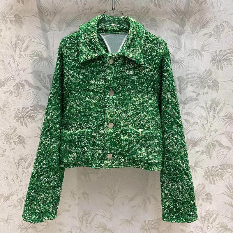 

Women's Jackets Fashion Melange Tweed Jacket For Women High End Quality Turn-Down Collar Slit Cuff Single Breasted Short Coat Ladies 2023Wom, Green