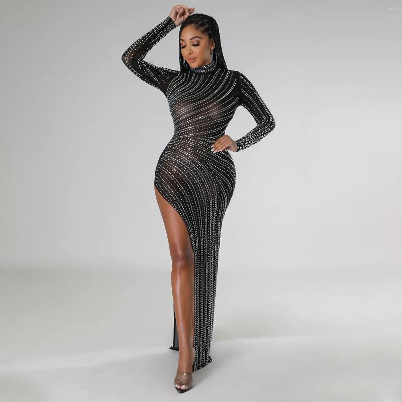 

Casual Dresses 2023 Quality Fashion Design Mesh Dress Solid Sequins O-neck Long Sleeve Sexy Night Club Midi Vestidos, Black