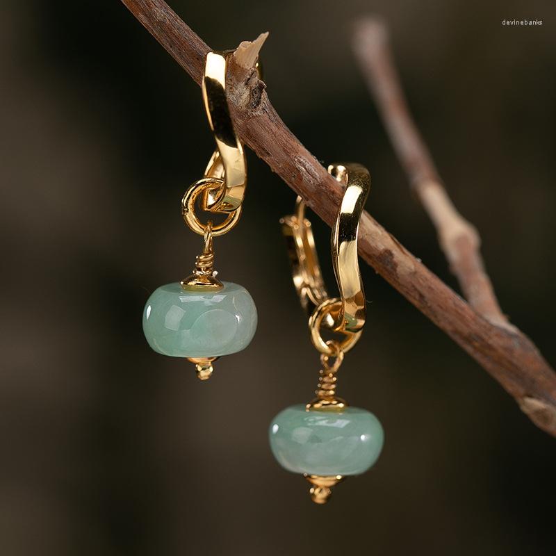 

Dangle Earrings Vintage S925 Sterling Silver Plated Gold Natural Jade Drop For Women Jewelry Temperament Bead Anniversary Gift