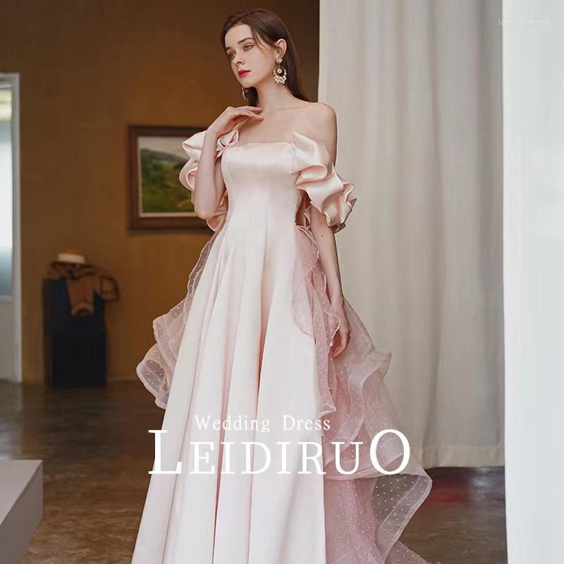 

Party Dresses Pink Satin Evening Gowns Strapless A-Line Off Shoulder Puff Sleeve Long Backless Detachable Train Prom Wedding Celebrity, Photo color