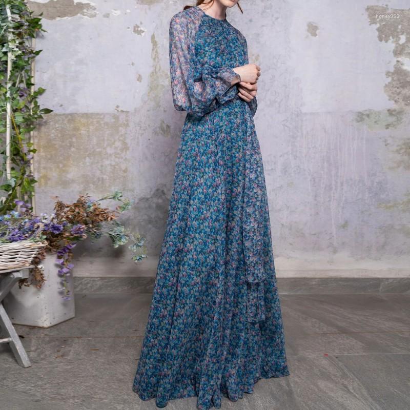 

Casual Dresses Vintage Blue Flower Printed Maxi Womens 2023 Runway Designers Elegant O-neck Long Sleeve Chiffon Dress Vestido