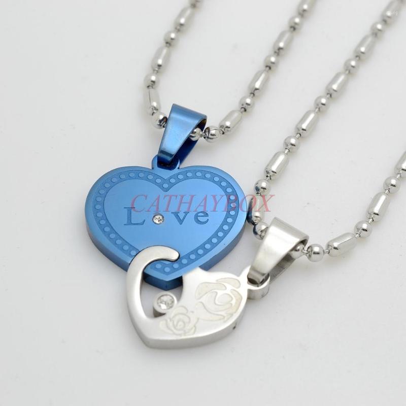 

Pendant Necklaces Black Blue Men Women His Her Couples Heart Charm Necklace W/ Sausage Chain 60cm 02