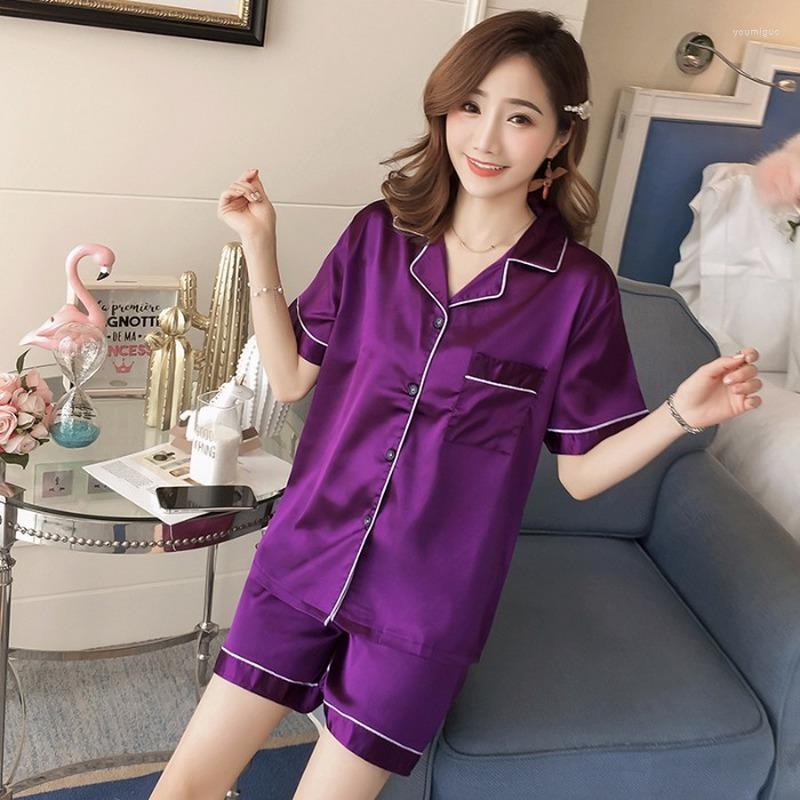 

Women's Sleepwear Two Piece Set Summer Pure Color Silk Shorts Girls Pajamas And Home Service Suits Plus Fertilizer Pijamas Women, Red