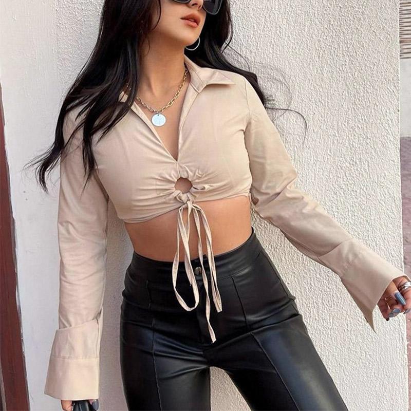 

Women' Blouses Solid Lapel Women' Crop Long Sleeve 2023 Spring Drawstring Lace Up Ruched Slim Blouse Ladies Sexy Fashion Clothes, Apricot