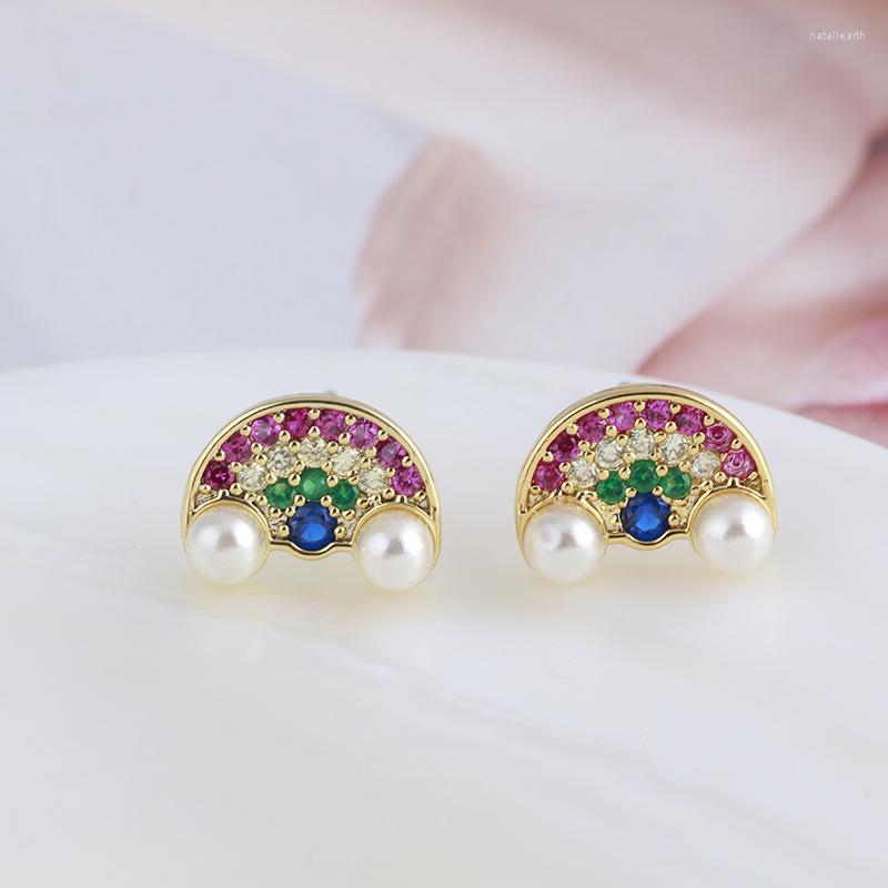 

Stud Earrings European And American Jewelry Wholesale Rainbow Pearl Geometric Semicircle Sweet