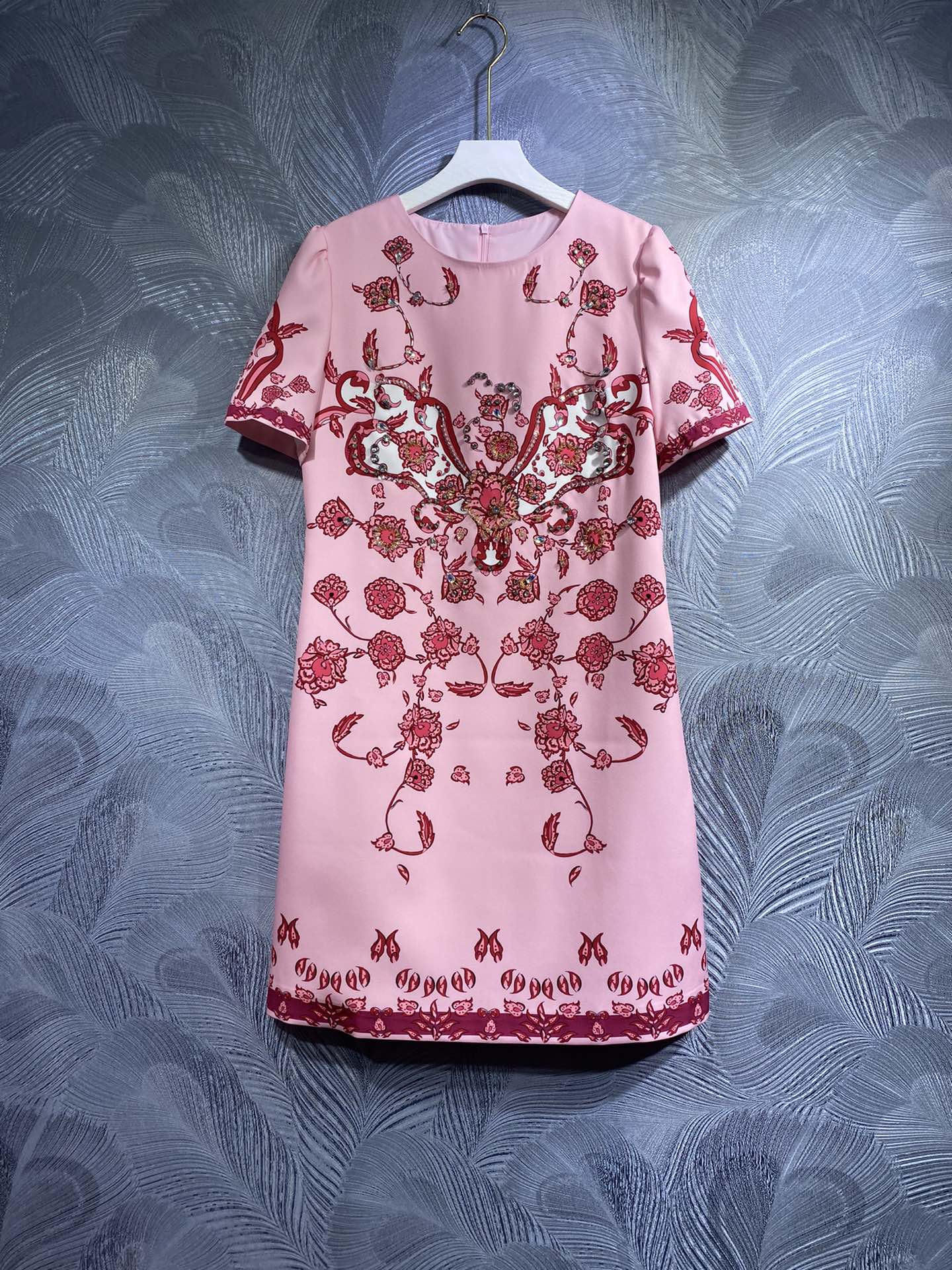 

Dress 2023 Original Designer Fashion Animal Print Handmade Beaded Spring/Summer Short Sleeve Loose Round Neck Dress S, Red