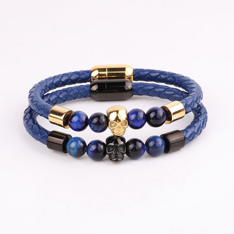 

Strand Beaded Strands High Quality Men Bracelet Design Blue Tiger Eye Natural Stone Stainless Steel Skull Charm Genuine Leather