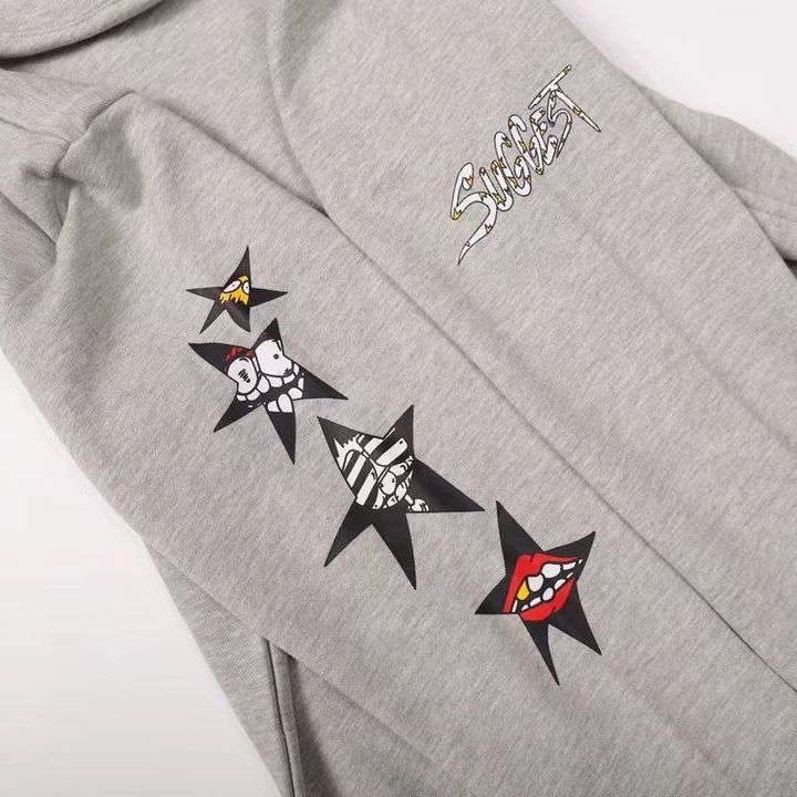 

Men Hoodies Women Autumn and Winter Gray Hooded Sweater Printed Graffiti Five-pointed Star Pullover Loose Hoodies