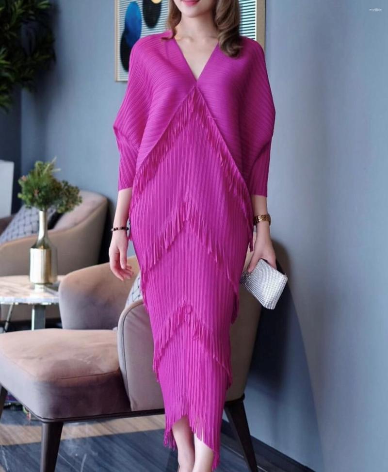 

Casual Dresses Pleated Dress Woman Tassel Batwing Sleeve Loose Style V Collar Long 2023 Summer Fashion Elegant Prom, 10