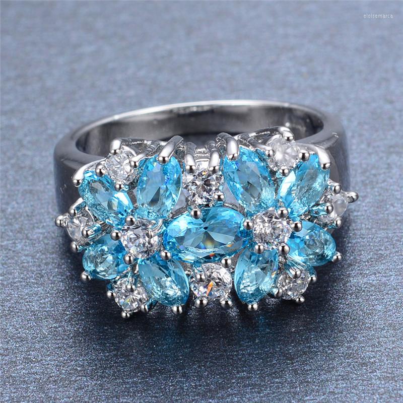 

Wedding Rings Aqua Blue Zircon Flower Ring Olive Green Crystal Oval Stone Antique Silver Color Engagement For Women Jewelry