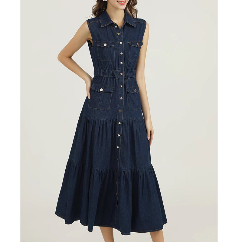 

Two Piece Dress High Quality Fashion Spring Summer Women Vintage Designer Elegant Lapel Sleeveless Elastic Waist Buttons Long Denim Skirt 230316, Navy blue