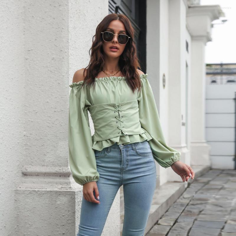 

Women' Blouses Spring And Autumn European American Fashion Front Tie Lantern Sleeves One Word Collar Slim Fit Waist Short Long-sleeved Top, Blue