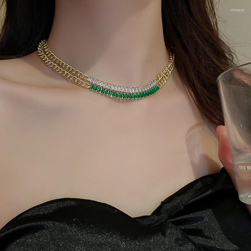 

Choker 2023 Crystal Necklaces For Women Geometric Green Square Zircon Chain Weddings Jewelry Party Gifts