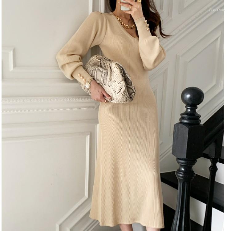 

Casual Dresses Vintage Fashion V Neck Puff Sleeve Knit Sweater Dress 2023 Korea Autumn Women Golden Buttons Long Vestidos Robe, Black