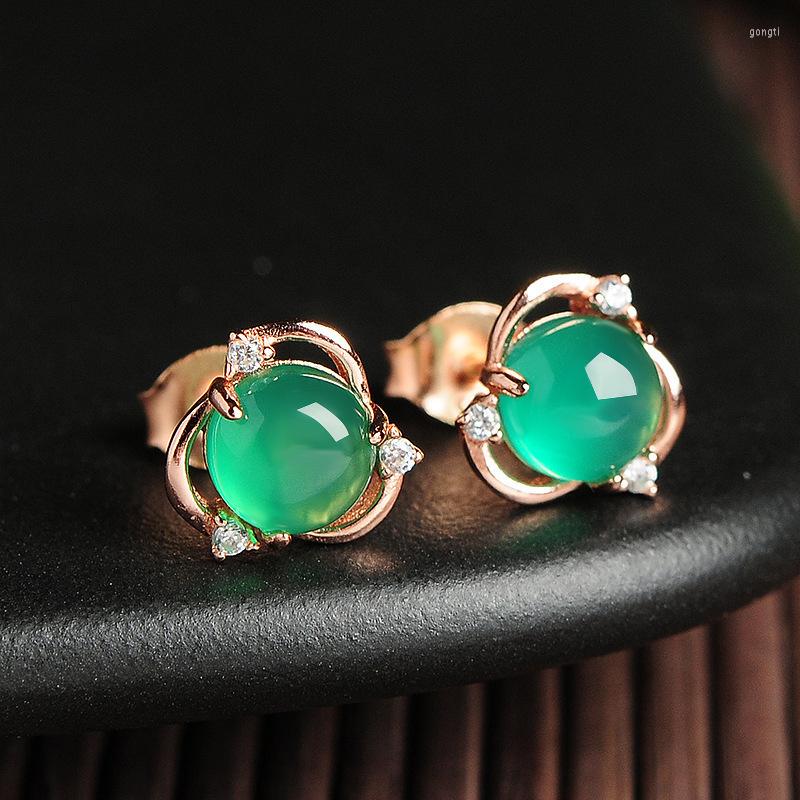

Stud Earrings -through Hetian Jasper Female Inlaid Jade Green Chalcedony