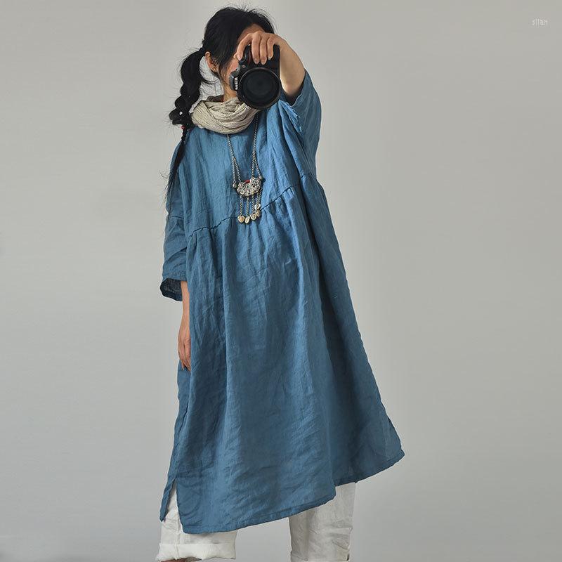 

Casual Dresses Women Spring Summer Linen Dress Ladies Vintage Solid Color Flax Loose Female Elegant Robe RV473, Photo color