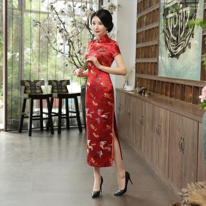 

Ethnic Clothing Women Red Chinese Bride Wedding Qipao Handmade Button Dresses Satin Long Cheongsam Vestidos Stage Performance Dress