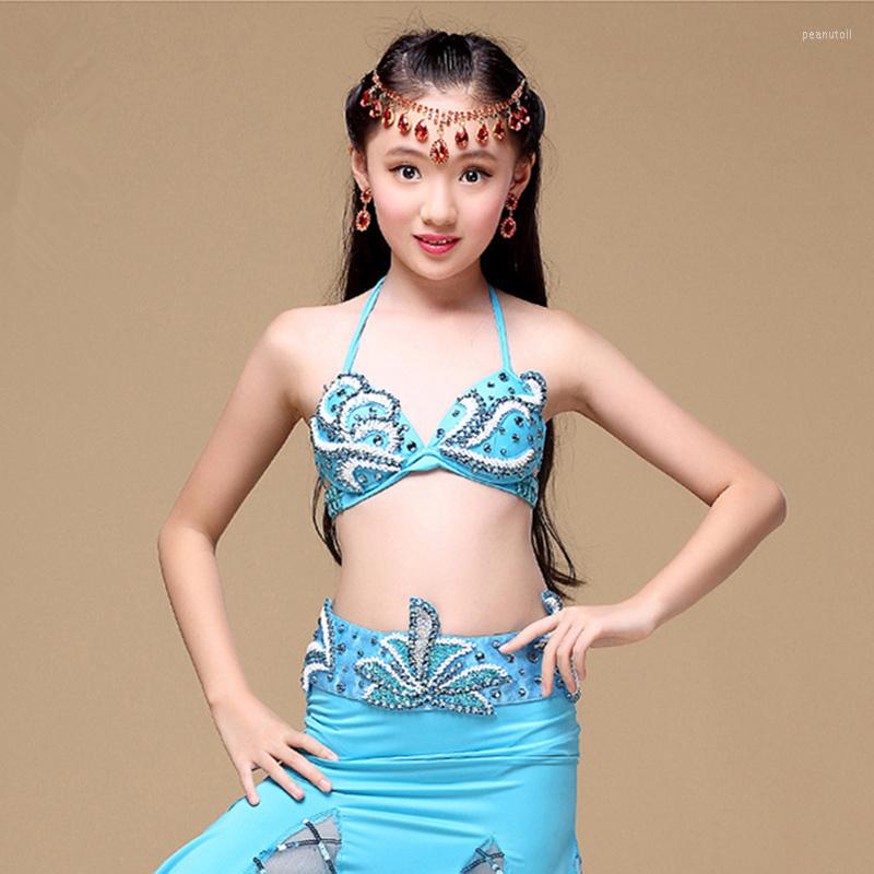 

Stage Wear Children Performance Belly Dancing Clothes 3-piece Outfit Bra Belt Skirt Girls Oriental Dance Costumes, Gold