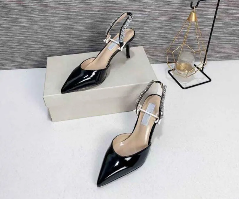 

Fashion stiletto heel Dress Shoes Aminah Abdul Sandals Designer Shiny Rhinestone slingbacks Sandal Top quality patent leather high heeled shoe