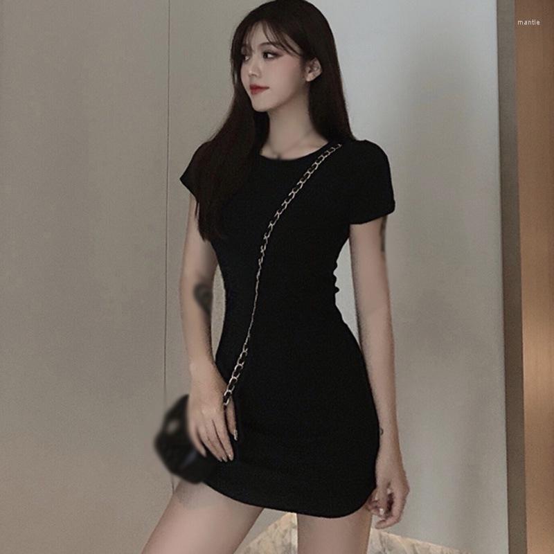 

Party Dresses DAXIN Korean Version Of Solid Color Round Neck Slim Sexy A-line Skirt Short-sleeved Dress Femme Vestido De Mujer, Sky blue