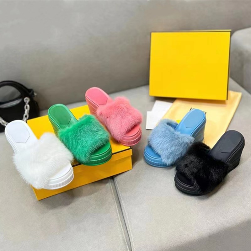 

High Heel Slippers Women's Mink fur Embellished Sexy the lazy Slippers Open Toe Mules Summer Walk Holiday Casual Beach size35-42 Wedge Fur Slippers, Broze yellowbox
