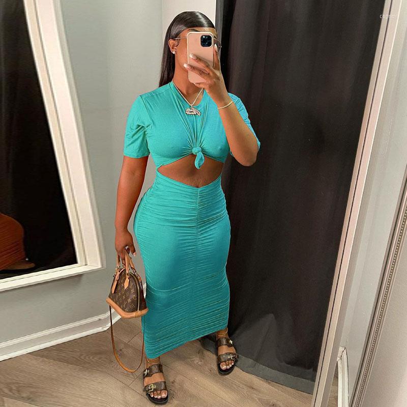 

Party Dresses Short Sleeve Ruched Bodycon Dress Women O Neck Bandage Long Autumn Black Skinny Stretchy Pleated Vestidos, Orange