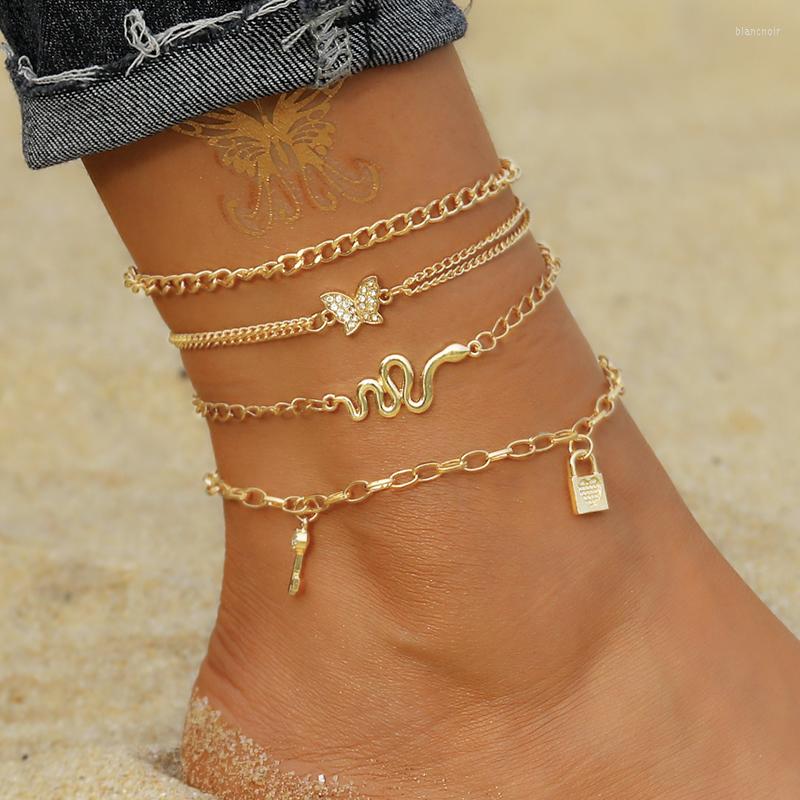 

Anklets Boho Butterfly Lock Pendant Link Chain Anklet Woman Fashion Snake For Women Key Ankle Bracelets Leg Jewelry Beach