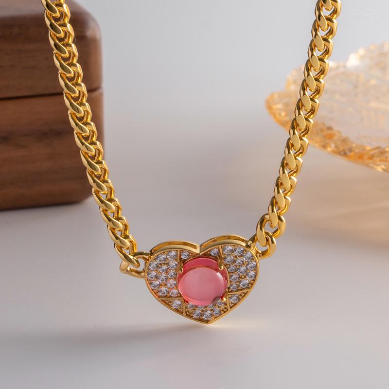 

Pendant Necklaces Minar Classic Pink Color Rhinestone Heart For Women Gold Plated Brass Chunky Cuban Chain Necklace Jewellery