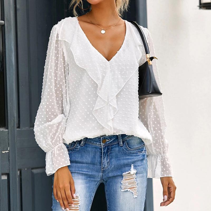 

Women's Blouses V Neck Top Women Long Sleeve Blouse Fashion Outfits Autumn Ruffles Chiffon Shirt Ladies Casual Tops Solid Color Clothes, Black