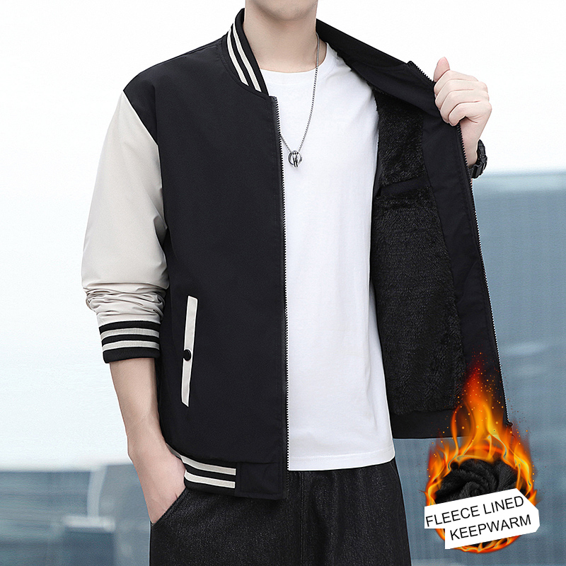 

Men's Jackets BROWON Autumn Winter Coats Fleece Lined Stand Collar Patchwork Baseball Casual Outwear Clothes 230317, Black jacket